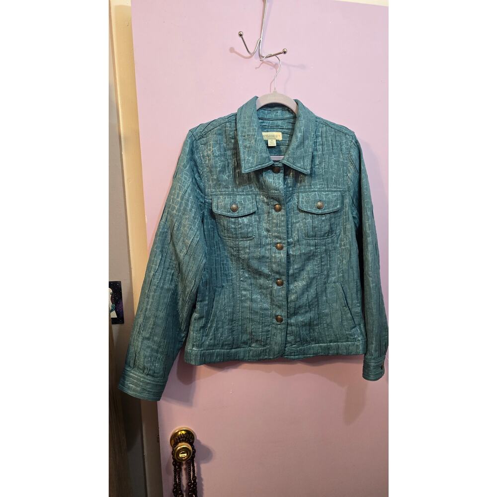 Appleseed's Women's Quilted Button Up Shiny Krinkle Blue Blazer Jacket Size 14
